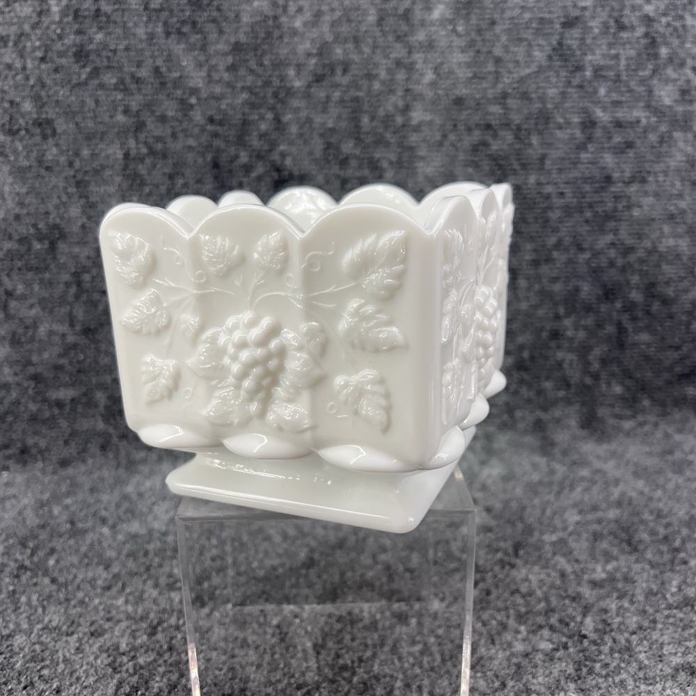 Vintage Westemoreland Paneled Grape 4 1/2" Small Square Milk Glass Planter Vase